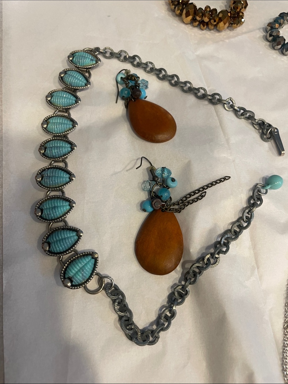 Turquoise and Wood Teardrop Necklace & Earring Set